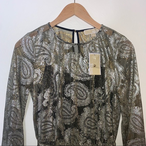 MICHAEL Michael Kors Gold Black Foil Paisley Long Sleeve Overlay Midi Dress - Picture 6 of 11